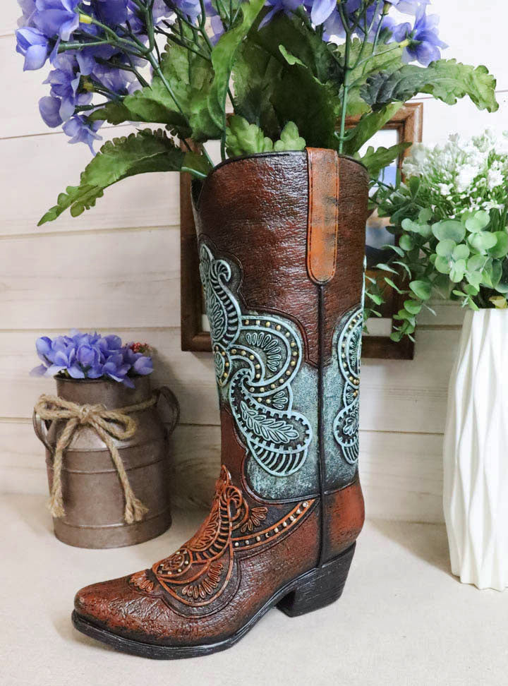 Western Boho Chic Turquoise Floral Lace Tooled Leather Cowboy Boot Flower Vase