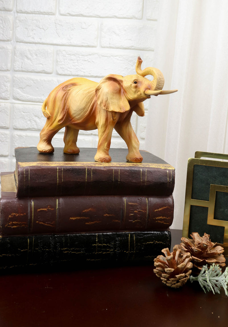 Safari Savannah Landscape Majestic Elephant With Trunk Up Faux Wood Figurine