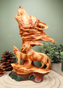 Faux Wood Three Howling Wolves Rocky Wildlife Scene Statue Timber Wolves Decor