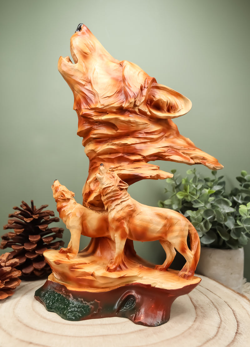 Faux Wood Three Howling Wolves Rocky Wildlife Scene Statue Timber Wolves Decor