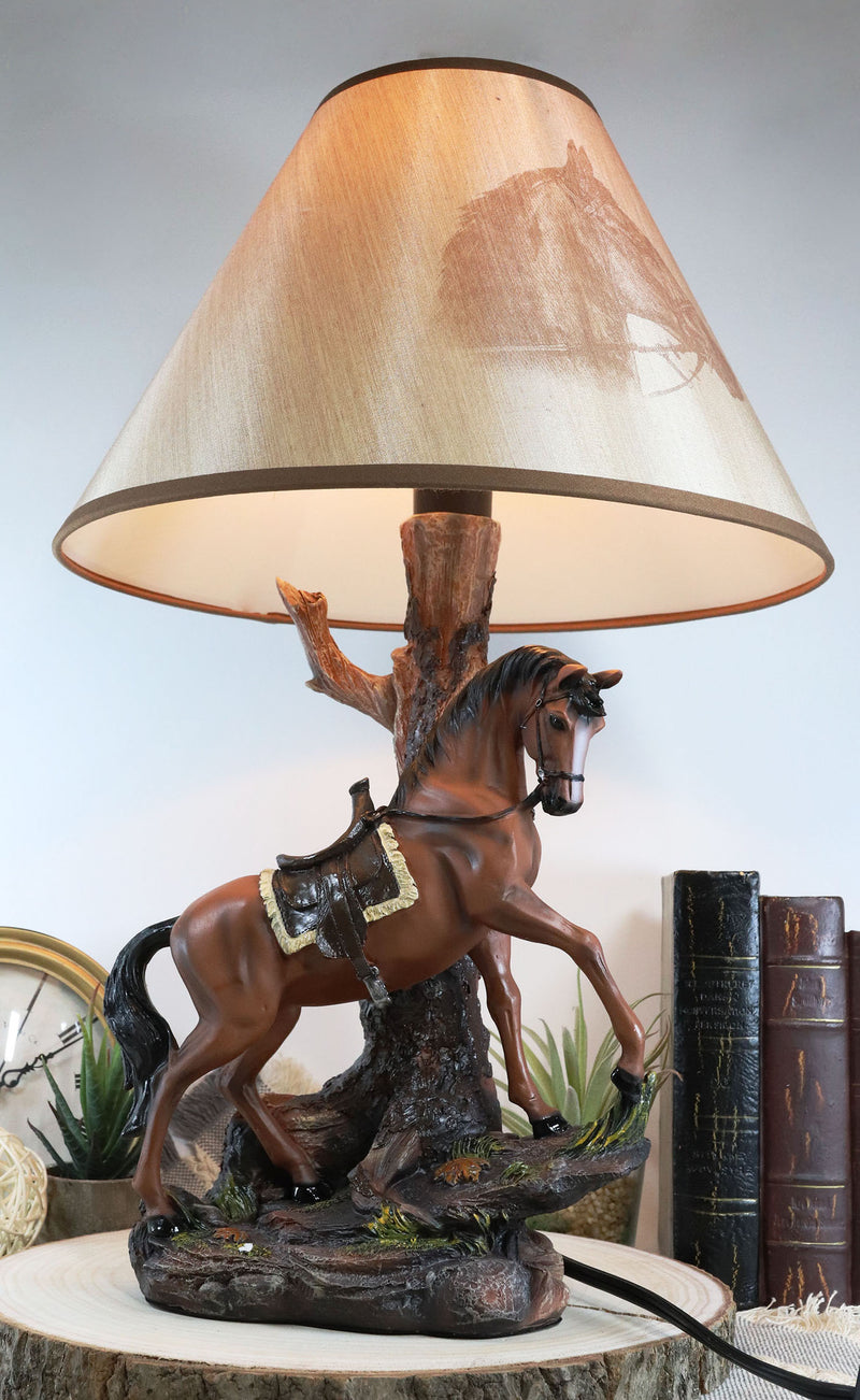 Ebros Light Fantastik Chestnut Brown Horse Stallion With Saddle Table Lamp With Shade