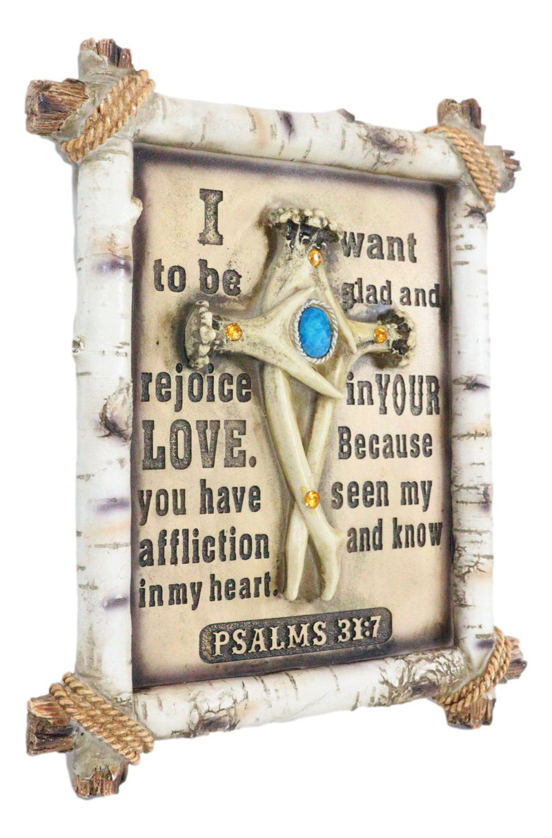 Rustic Faux Birchwood Turquoise Deer Antlers Cross Bible Verse Wall Decor Plaque