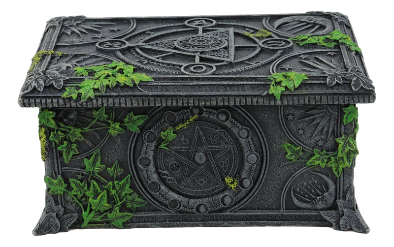 Ebros Celestial Lunar Moon Astrology Pentagram Tarot Card Deck Holder Jewelry Box Figurine with Alchemy Symbols and Ivy Lichen Borders Home Decor Statue Wicca Witchcraft Talisman
