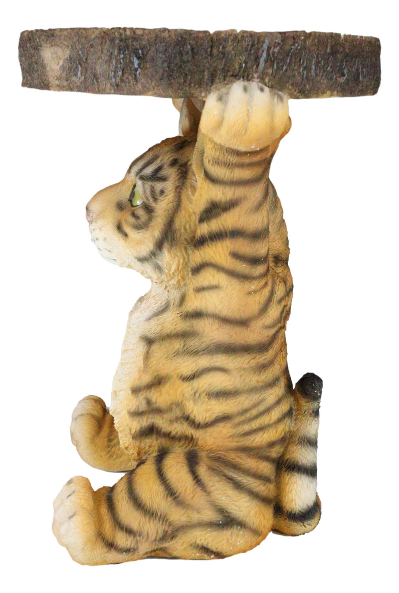 Jungle Bengal Orange Tiger Cub Holding Faux Wood Slice Table Stand Figurine
