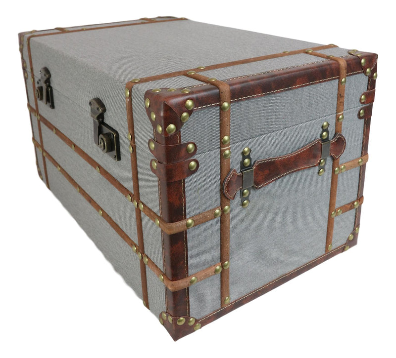 Set Of 3 Stackable Large Wood Vintage Grey Fabric With Leather Trunk Case Boxes