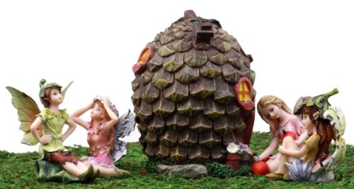 Fairy Garden Miniatures Starter Kit Pine Cone Cottage With 4 Fairy Figurines Set - Ebros Gift