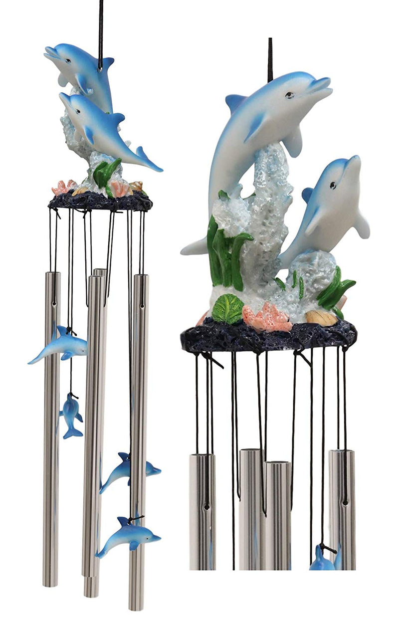 Ebros Nautical Marine Dolphin Family Swimming by Coral Reef Wind Chime 21" Long Resin Crown with Aluminum Rods Home Patio Garden Decor of Dolphins Under The Sea Life Decorative Noisemakers