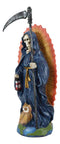 Standing Blue Santa Muerte Skeleton With Scythe Hourglass And Wise Owl Figurine