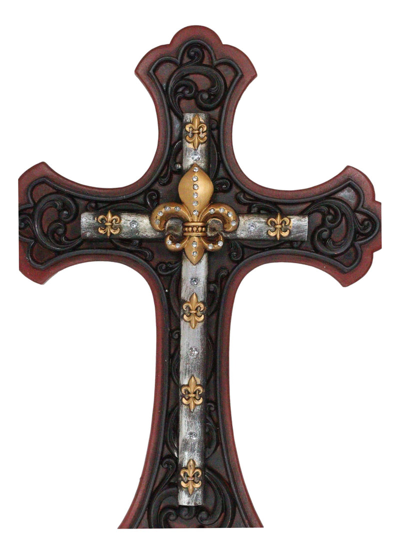 Rustic Southwestern French Fleur De Lis Scrollwork Red Gold Silver Wall Cross