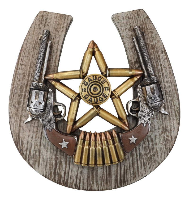 Rustic Cowboy Horseshoe Western Star Dual Pistol Guns Bullet Shells Wall Decor