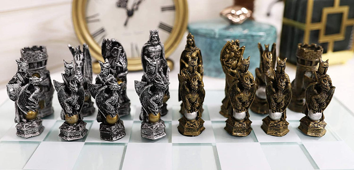 Ebros Silver and Gold King Arthur Merlin Dragons Chess Pieces with Board Set - Ebros Gift