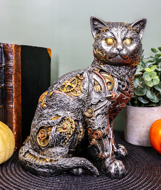Ebros Steampunk Cyborg Cat with Clockwork Gears Nuts and Bolts Statue 8" Tall