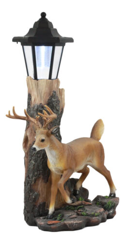 The Emperor 12 Point Buck Deer Statue Rustic Forest Tree Solar LED Light Outpost