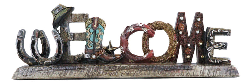 Rustic Western Cowboy Boot Hat Ropes Horseshoes Welcome Sign Desktop Plaque