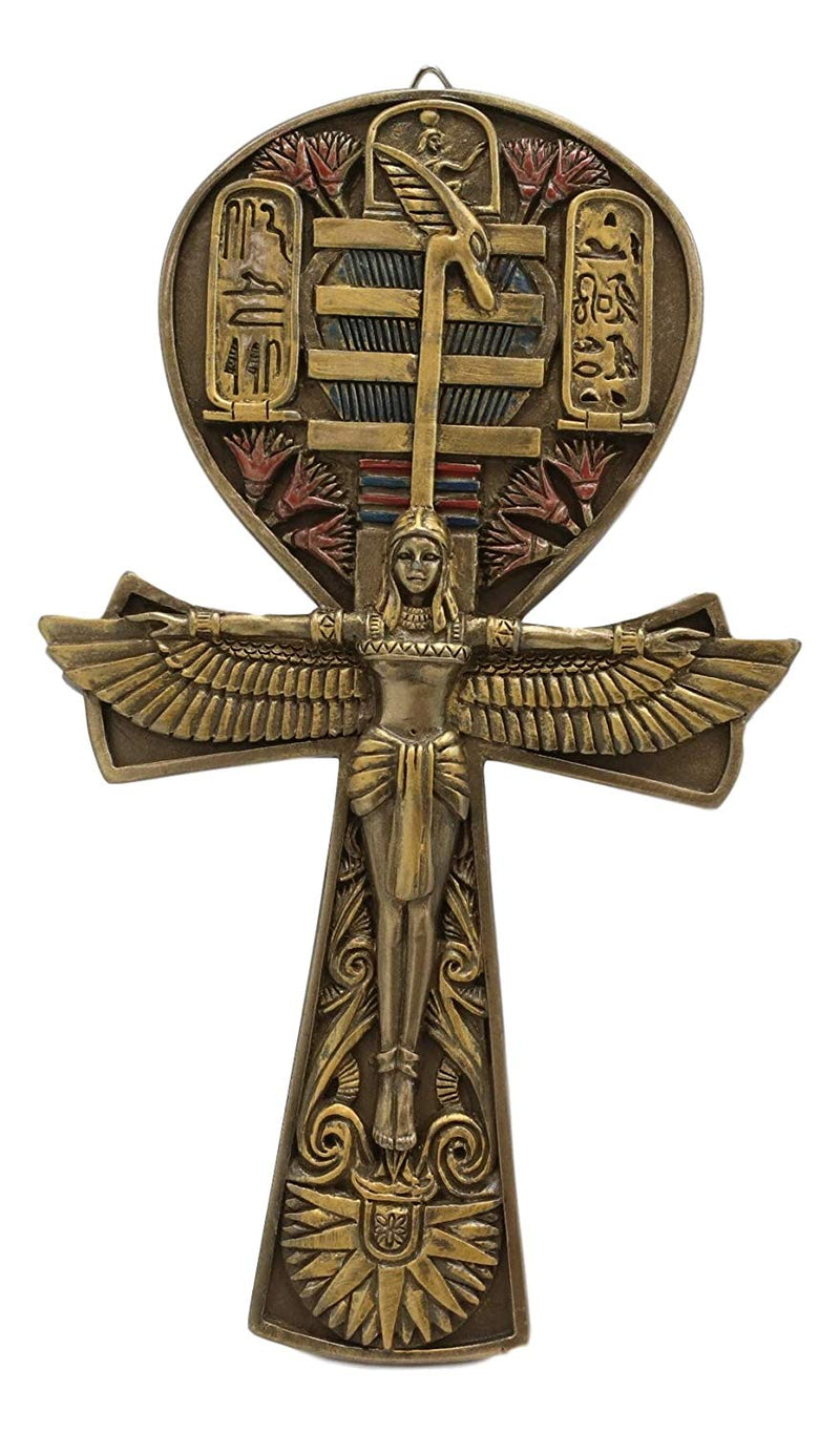 Ebros Egyptian Ankh of Isis with Open Wings Wall Plaque 7.5" High (Bronze)