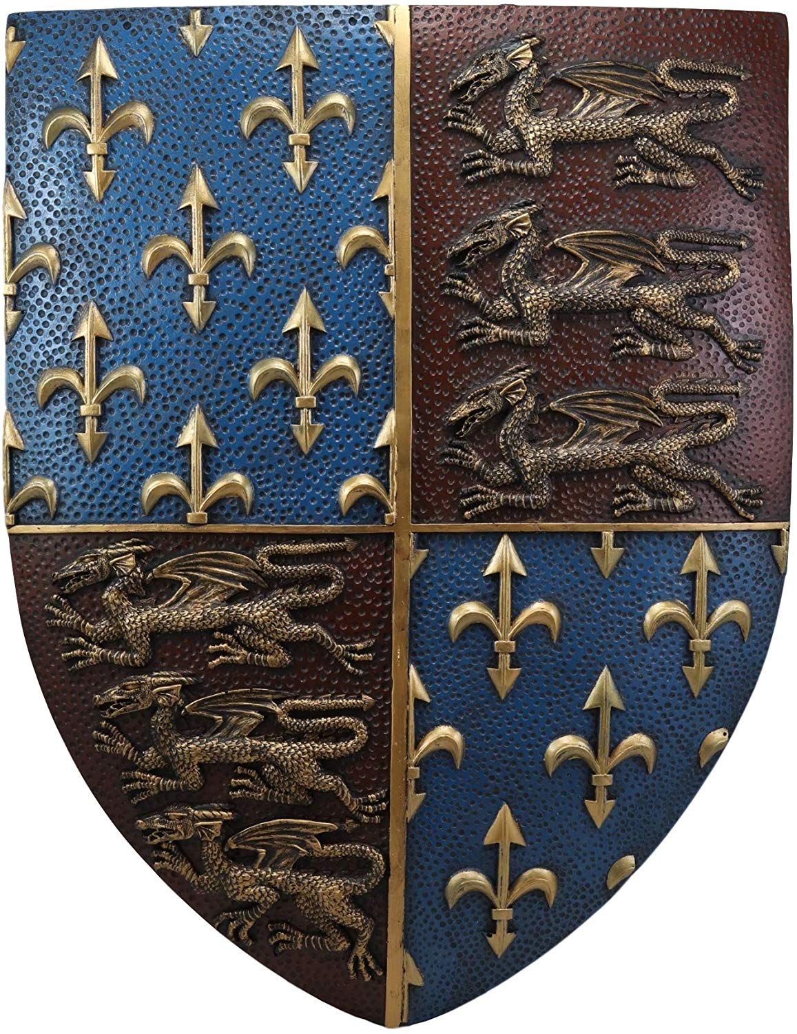 Large Medieval Knight Coat of Arms Fleur De Lis And 3 Dragons Shield Wall Decor