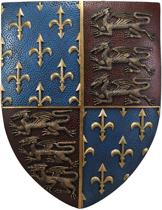 Large Medieval Knight Coat of Arms Fleur De Lis And 3 Dragons Shield Wall Decor
