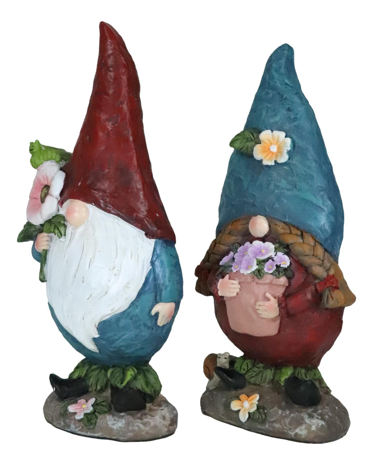 Pack Of 2 Whimsical Garden Mr And Mrs Gnome Couple Holding Flowers Figurines - Ebros Gift