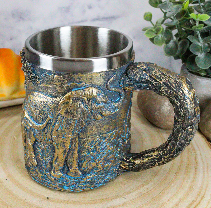 Ebros Safari Elephant& Calf Family Coffee Mug Textured Rustic Tree Bark Design