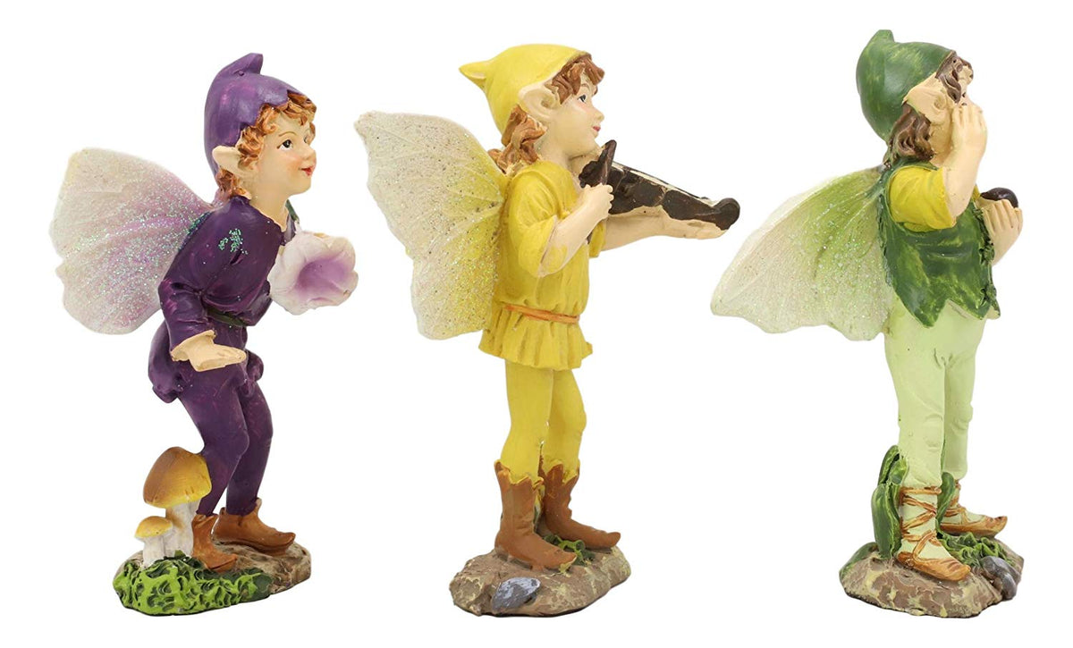 Ebros Set of 3 Fairy Garden Boy Fairies in Morning Violin Serenade Figurines 4"H - Ebros Gift
