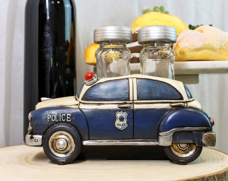 Vintage Blue Police Patrol Car Figurine Holder And Salt Pepper Shakers Set