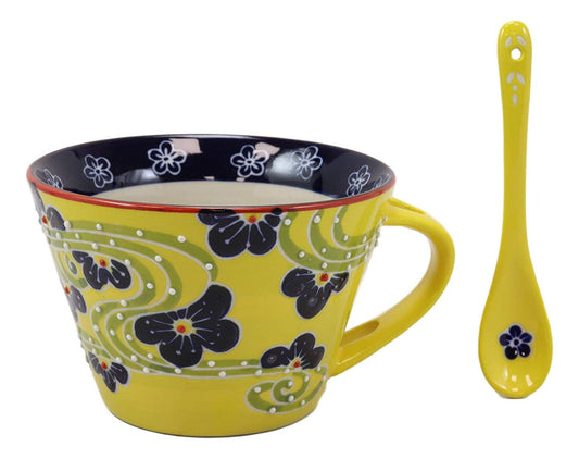 Ebros Porcelain Coffee Tea Latte Cafe Mug Drink Cup With Spoon 2pc Set 12oz Home Kitchen Decorative Ceramics (1, Yellow Floral Swirl)