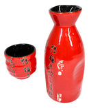 Japanese 12oz Ceramic Red Calligraphy of Fortune Sake Set Flask With Four Cups