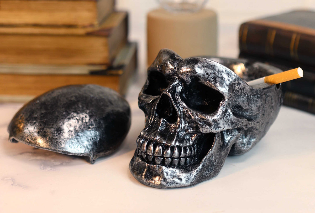 Gothic Silver Black Homosapien Skull Ashtray Statue Haunted Pirate Loot Box