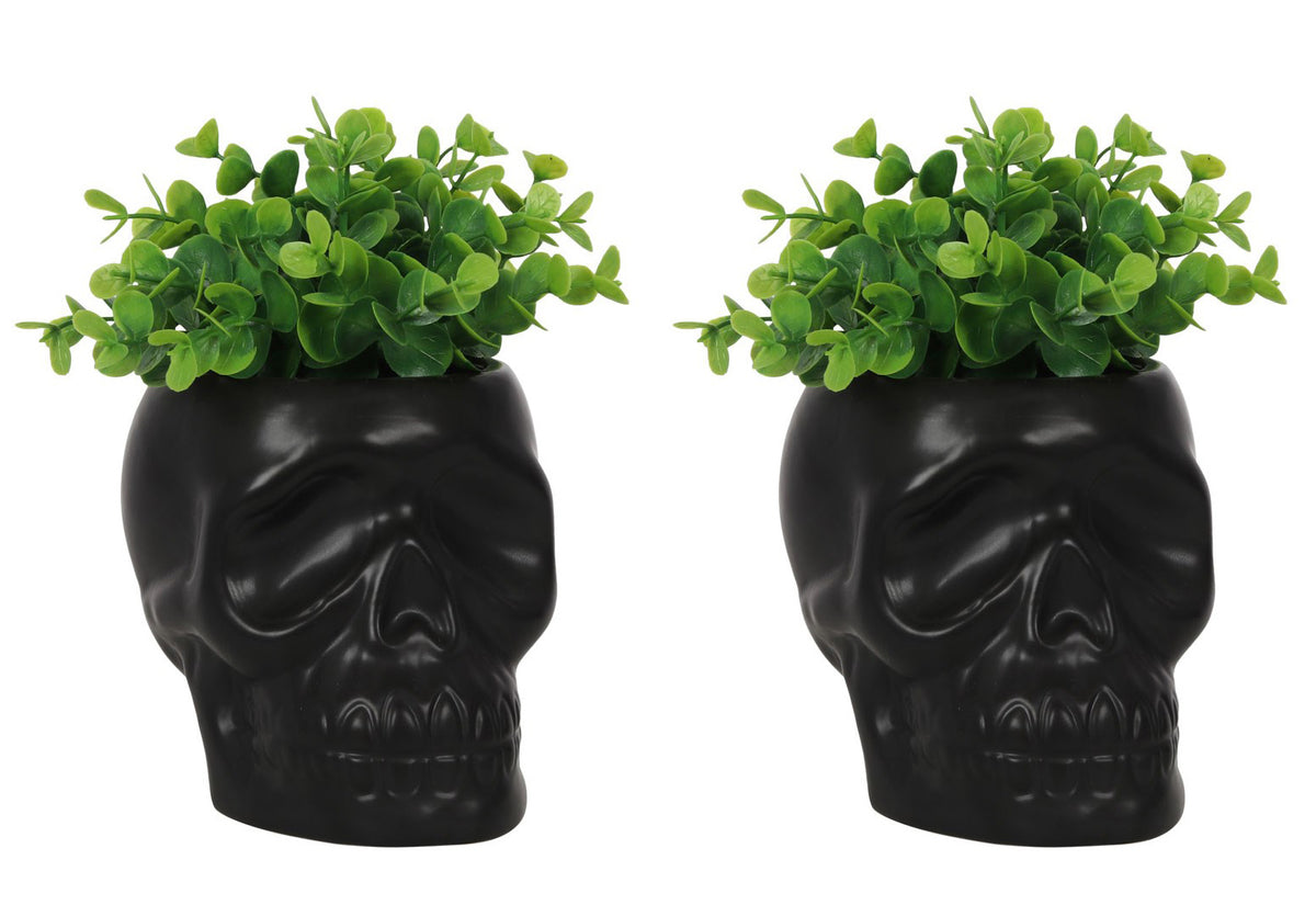 Pack Of 2 Black Ceramic Day Of The Dead Ghastly Skull Planter Bowl Pot Figurine