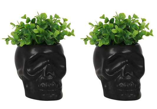 Pack Of 2 Black Ceramic Day Of The Dead Ghastly Skull Planter Bowl Pot Figurine