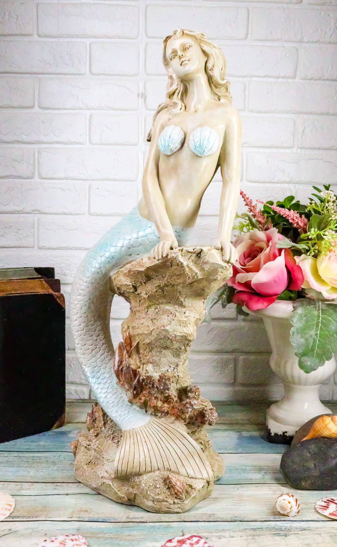 Ebros Gift Large Aquamarine Goddess Mermaid Maiden Sitting On Sea Rock Figurine 17.75"H