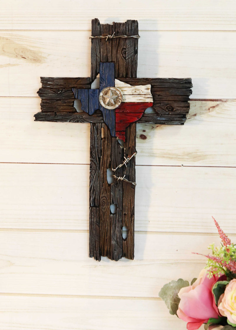 Western Star On Texas Map Flag With Barbed Wires Faux Distressed Wood Wall Cross