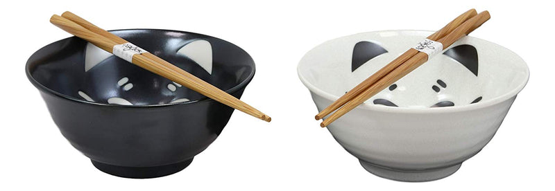 Ebros Made In Japan Black And White Lucky Meow Cats Bowl Set of 2 With Chopstick