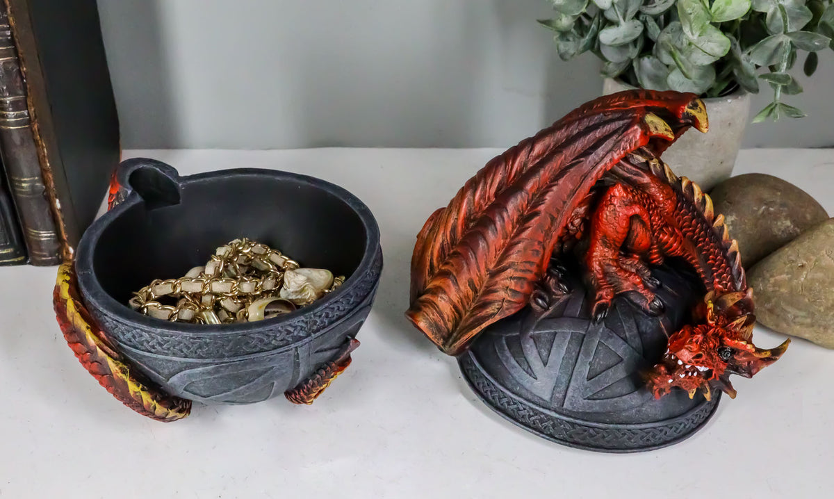 Celtic Red Dragon Egg Box 6.5"Tall Mythical Guardian Dragon Figurine Jewelry Box - Ebros Gift