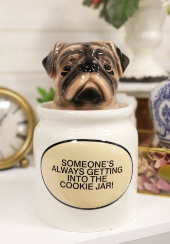 Ceramic Adorable Hiding Thief Pugsie Pug Dog Cookie Jar With Air Tight Lid 9"H