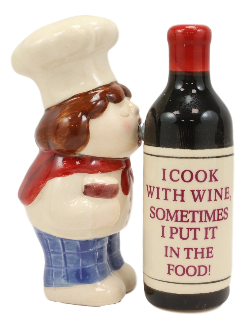 Italian Drunk Chef Kissing Wine Bottle Ceramic Salt Pepper Shakers Figurine Set