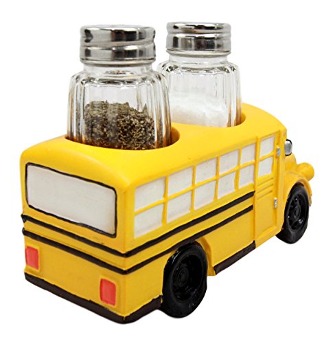 Ebros Yellow School Bus Decorative Glass Salt Pepper Shakers Holder Resin 6"L