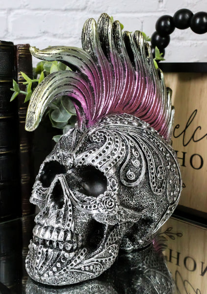 Silver Mohawk Purple Punk Haired Skull In Tooled Peacock Feathers
