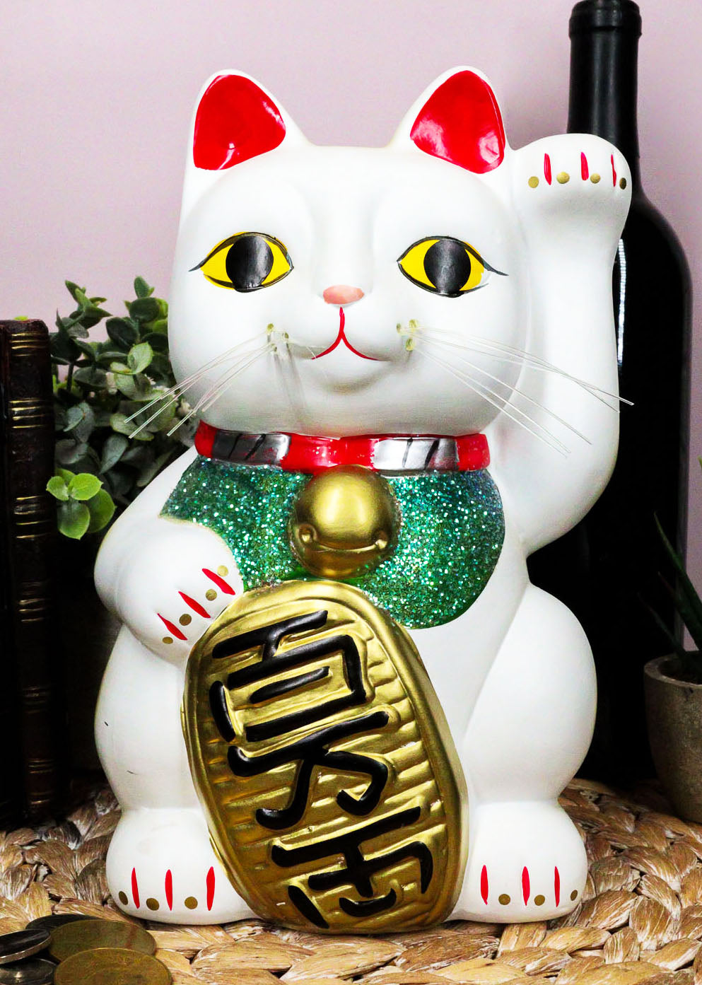 Ebros Japanese Luck and Fortune White Cat Maneki Neko Coin Bank Ceramic 9.5"H - Ebros Gift