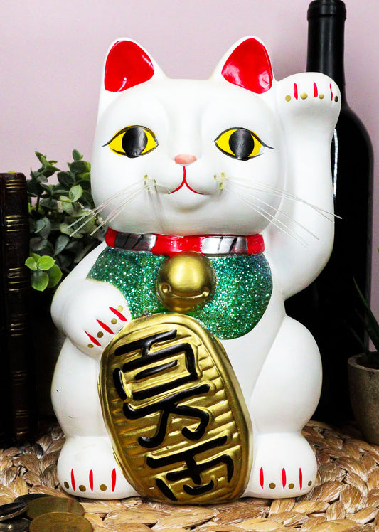 Ebros Japanese Luck and Fortune White Cat Maneki Neko Coin Bank Ceramic 9.5"H - Ebros Gift