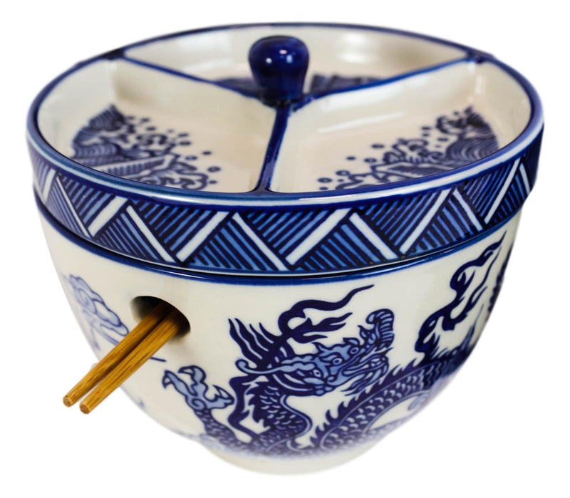 Blue White Dragon Ramen Bowl With Tempura Divider Condiment Lid Chopsticks Set