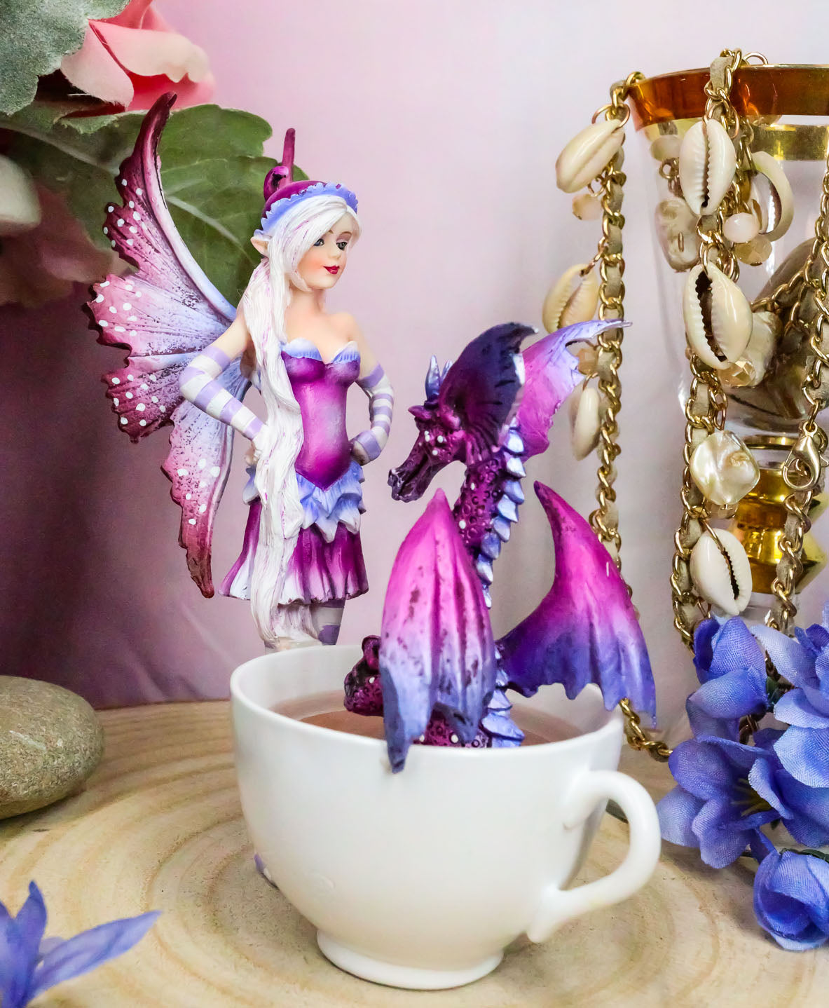 Amy Brown Angry Fairy With Purple Dragon Pet Tea Cup Statue Wake Up Dragon Fairy