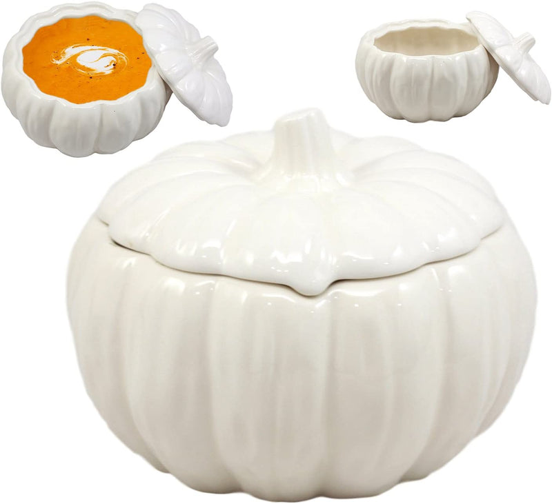 Ebros Ceramic Stoneware White Harvest Pumpkin Bowl With Lid 6"Diameter X6 Pieces