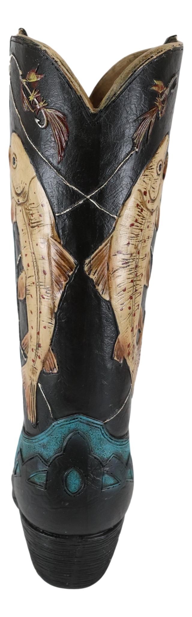 Western Fishing Angler Bass Fishes Cowboy Cowgirl Boot Vase Planter Figurine - Ebros Gift