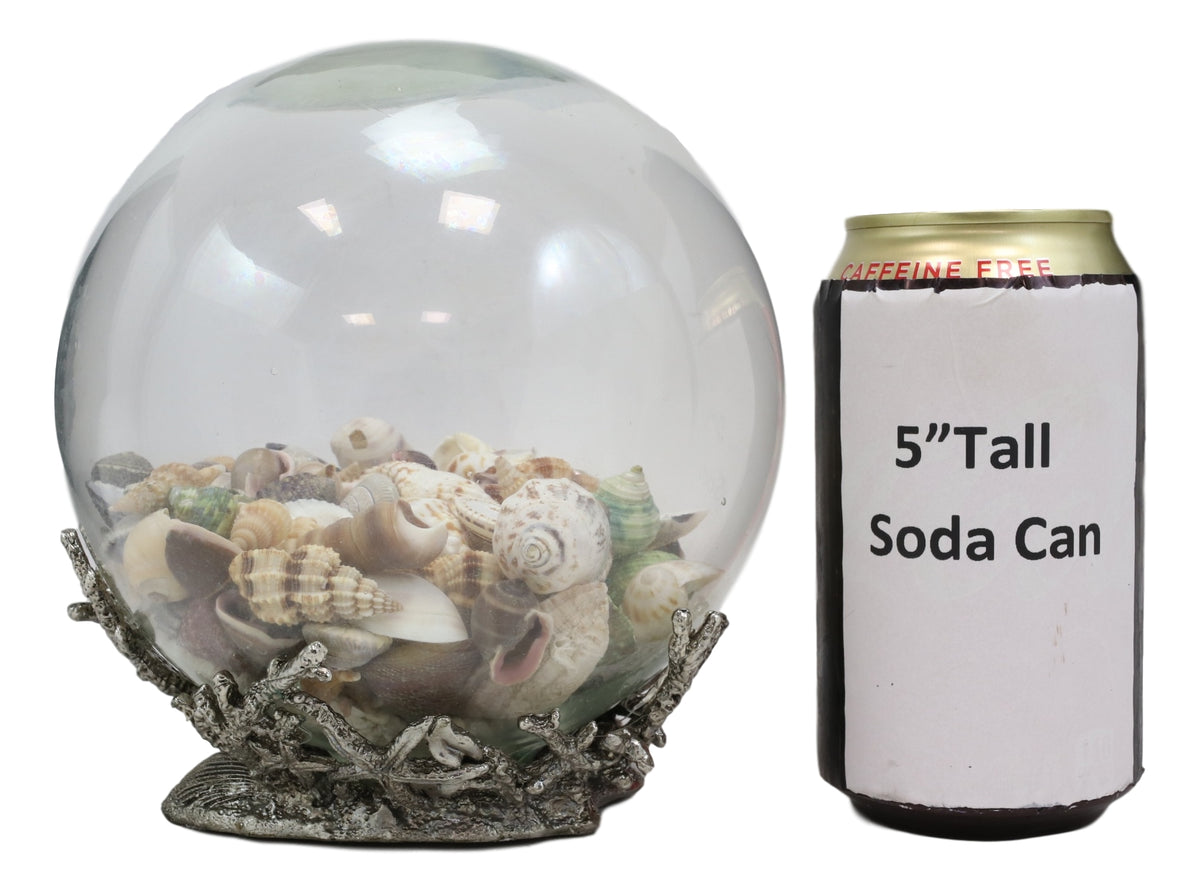 Nautical Marine Sea Shells Glass Globe Ball On Silver Coral Reef Metal Sculpture