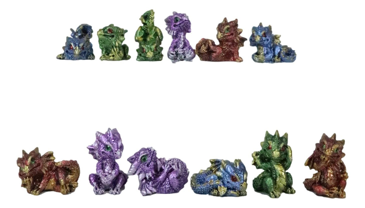 Set of 12 Metallic Red Green Purple Blue Baby Wyrmling Dragons Mini Figurines