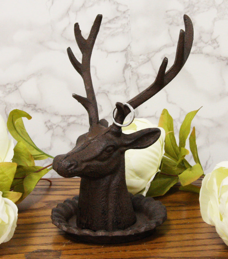 Ebros Cast Iron Western Rustic Elk Deer Stag Head With Antlers Jewelry Tree Holder Hooks Stand Dish Figurine 7.5" Tall Cabin Lodge Country Home Decorative
