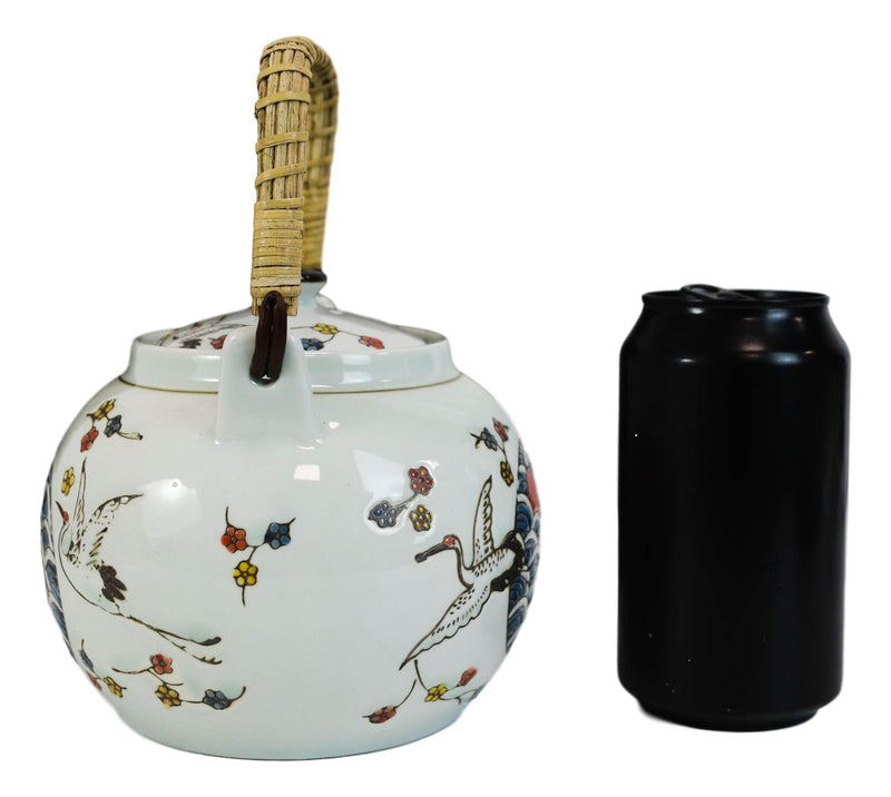Crane And Red Moon Cherry Blossoms Ceramic 38oz Large Tea Pot With Bamboo Handle