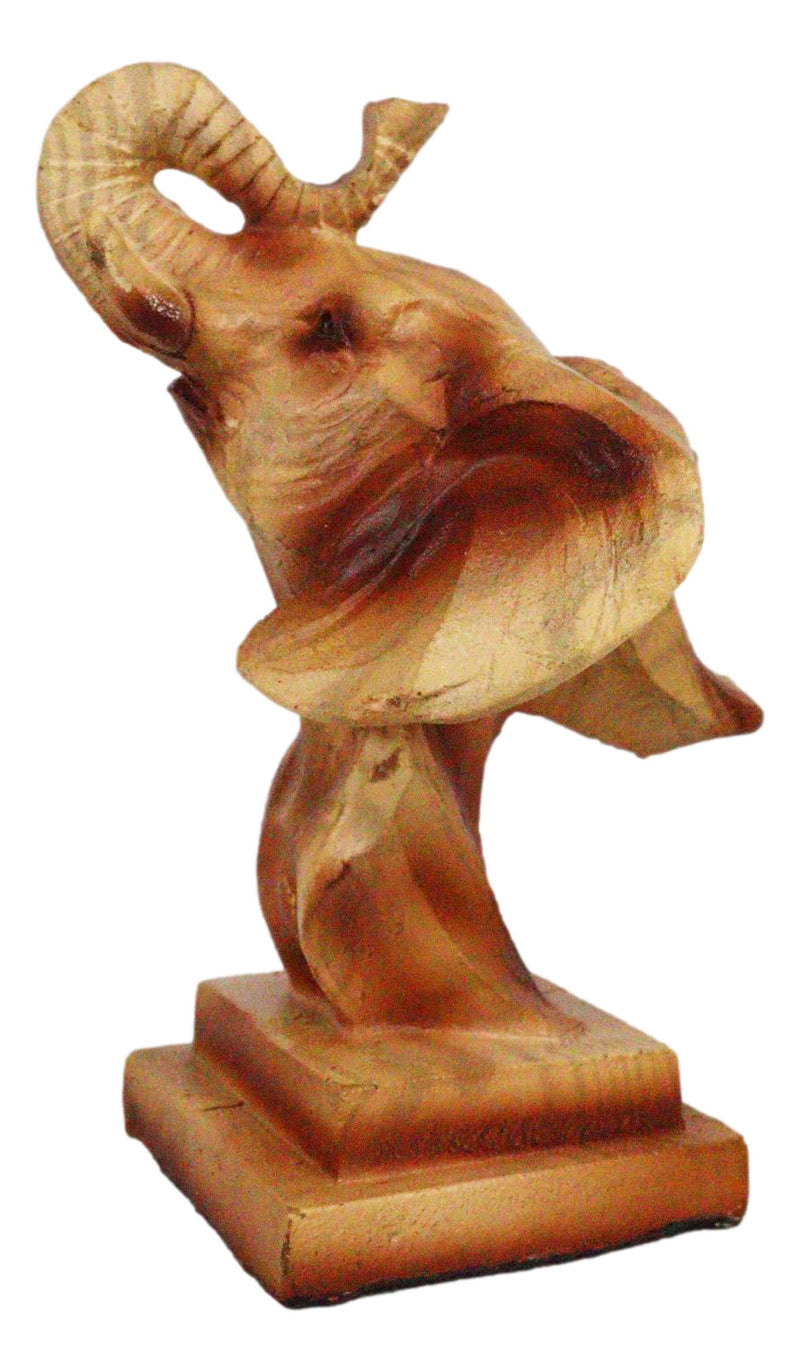 Small Safari Wildlife Elephant Bust With Trunk Up Faux Wood Carving Figurine