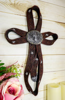 Rustic Western Cowboy Faux Tooled Leather Ribbon Belt Buckle Concho Wall Cross